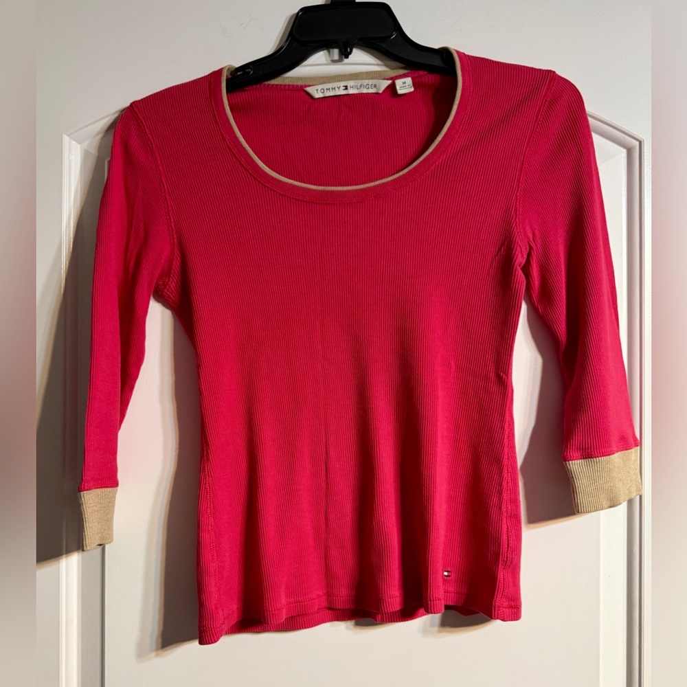 Tommy‎ Hilfiger Preppy Ribbed Top Womens Medium Pink 3/4 Sleeve Scoop Neck